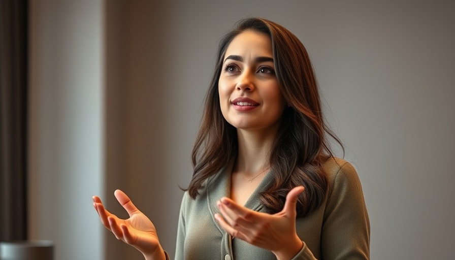 Young woman presenting at a podium in a professional setting.