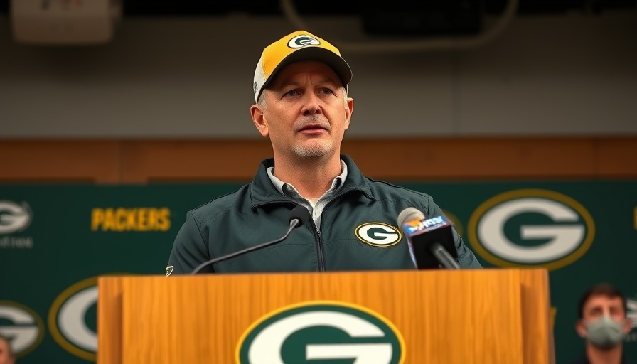 Green Bay Packers coach addressing media at podium with team branding.
