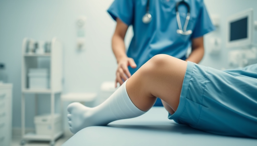 Conditions treatable at urgent care centers: bandaged knee on exam table.