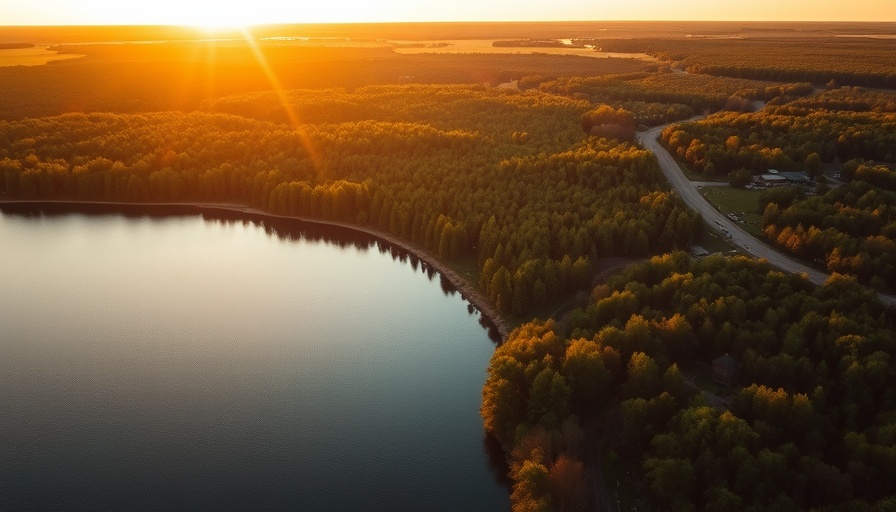 Aerial view of Baraboo's lake and forest at sunset, Wisconsin travel.