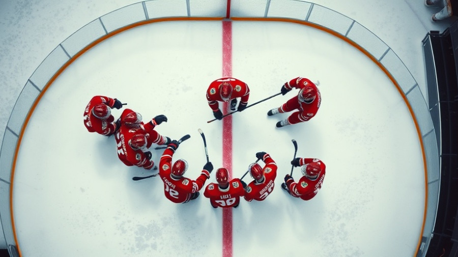 Overhead view of Wisconsin hockey team in huddle, showcasing team rivalry.