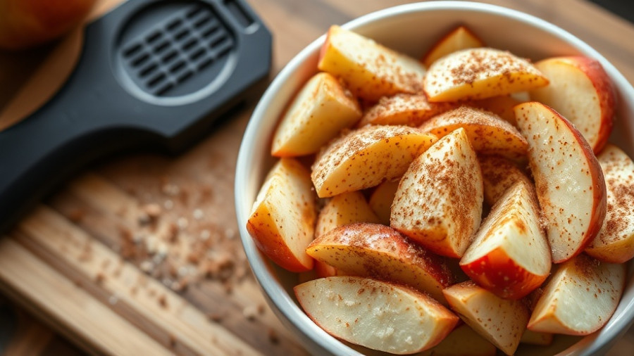 Sliced apples with cinnamon sugar next to an apple slicer on a board.