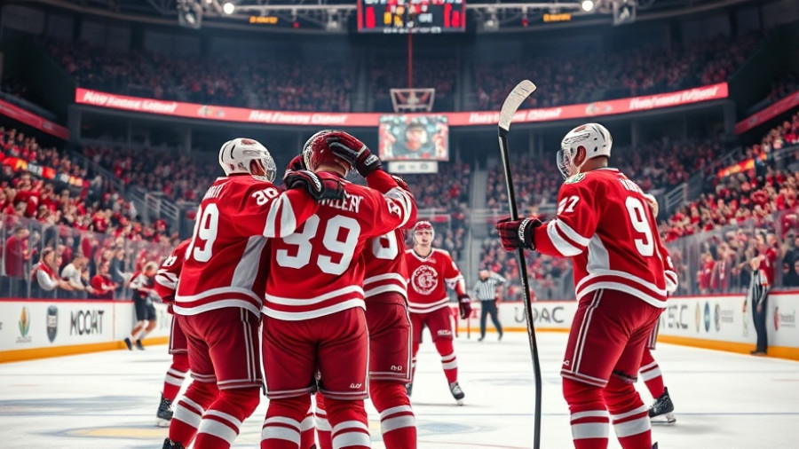 Hockey team celebrating victory in Wisconsin sports news.