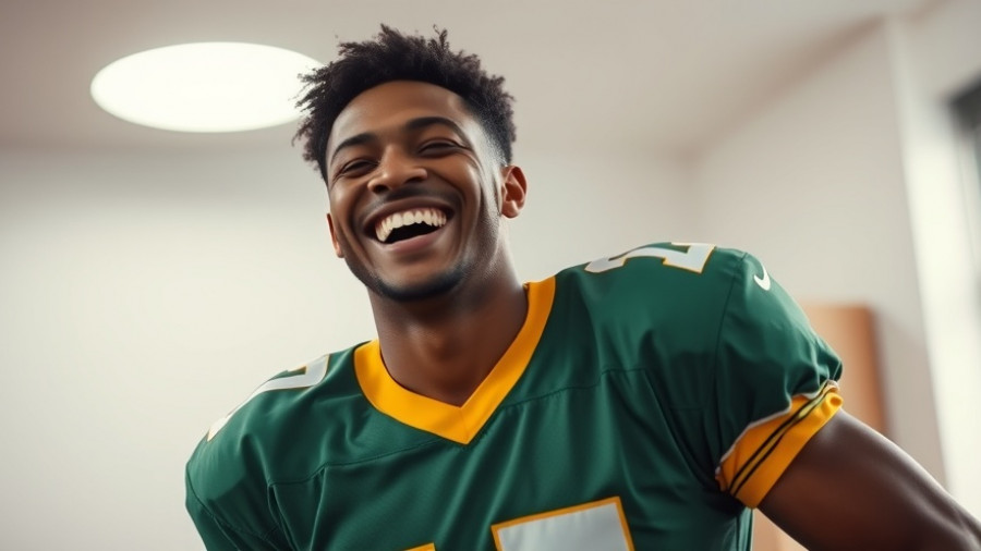 Football player in green jersey enjoying Wisconsin outdoor recreation indoors.