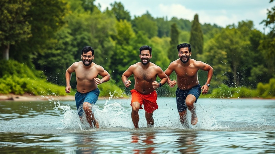 Joyful men running through water in a forest, Wisconsin UTV adventures