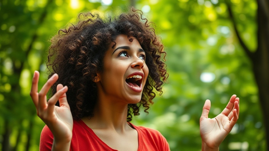 Woman passionately speaking outdoors with greenery backdrop, Wisconsin family activities.