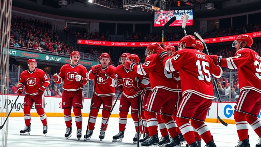 Wisconsin college hockey players celebrating goal on ice rink, indoor.