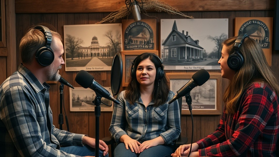 Podcast discussion on Wisconsin haunted places with vintage photo backdrop.