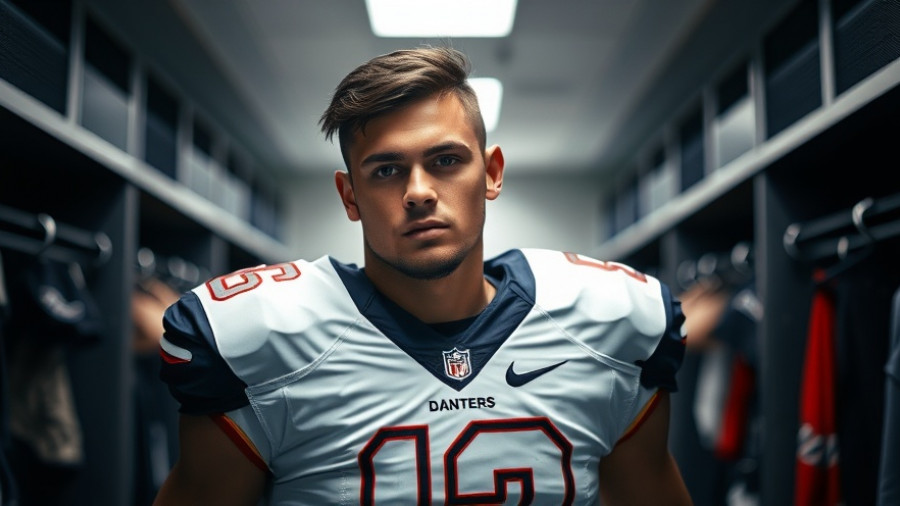 Football player in gear standing in locker room, Wisconsin outdoor recreation.