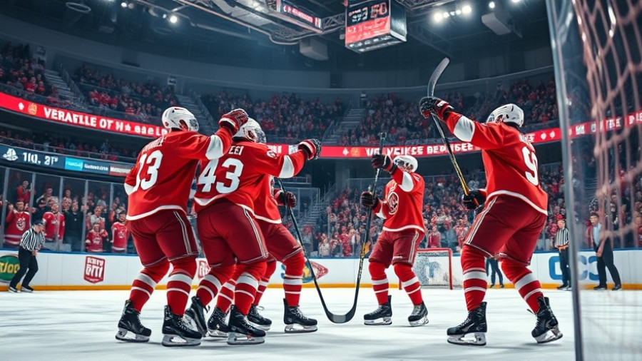 Wisconsin sports team hockey players celebrating a goal.
