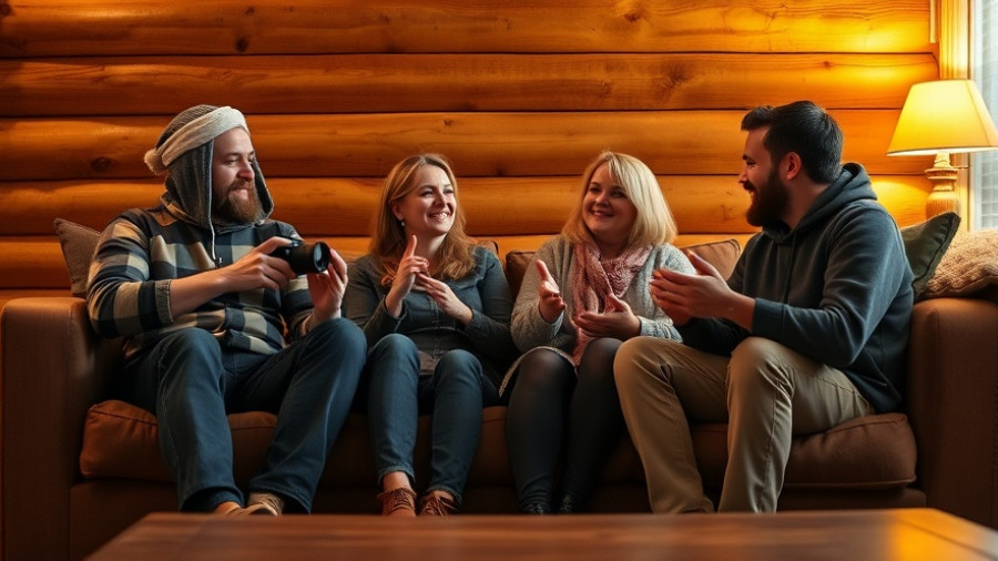 Casual group discussing Wisconsin travel experiences in a cabin.