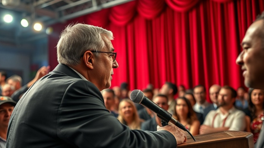 Dynamic scene at a public speech with a focused speaker.