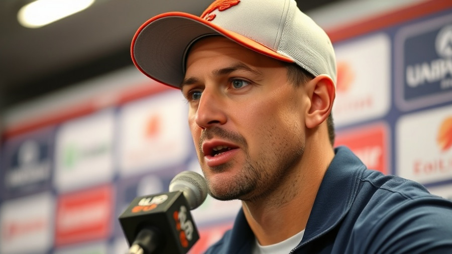 Casual press conference scene with man in cap, Wisconsin outdoor recreation insignia visible.