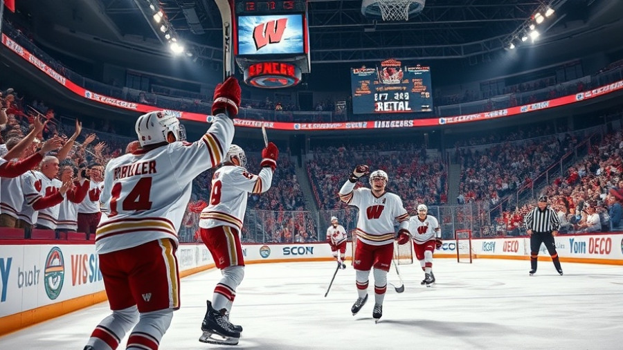 Wisconsin Badgers hockey players celebrating a goal with cheering fans in the arena.