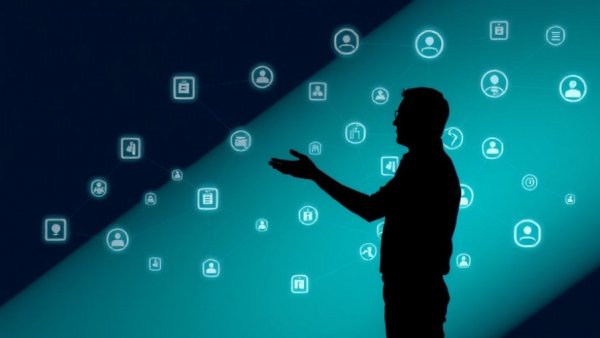 Illustration of a man in spotlight connecting with digital icons.