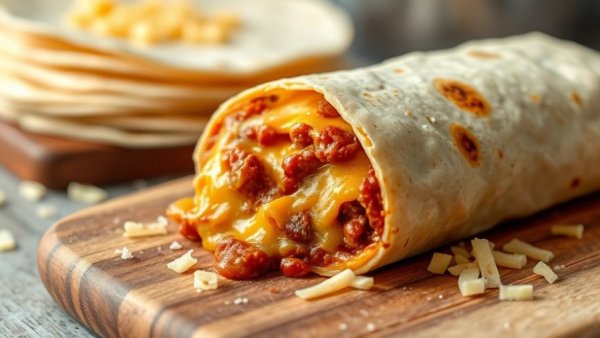 Chili cheese burritos on wooden board with cheese and tortillas.