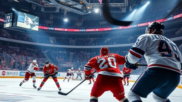 Wisconsin outdoor recreation features intense hockey game indoors.