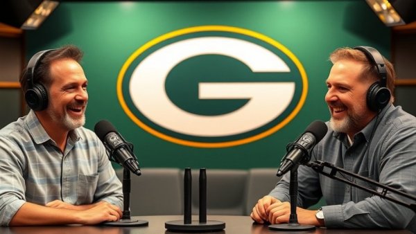 Green Bay Packers schedule discussion in studio with logo backdrop.