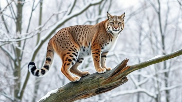 Bobcat perched on tree branch in Wisconsin forest, natural origins display.
