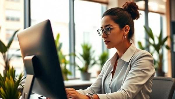 Businesswoman analyzing successful software affiliate programs, office setting.