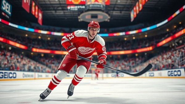 Hockey player in red and white uniform during game at indoor ice rink.