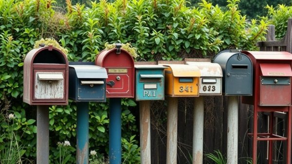 Vintage mailboxes in a rustic setting symbolizing newsletters for creators and marketers in 2026.