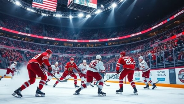 Wisconsin sports teams in a lively ice hockey match scene.