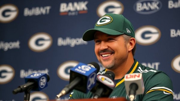 Green Bay Packers schedule press conference speaker at podium.