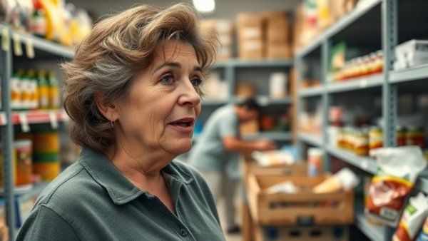 Community service at Wisconsin food pantry, woman engaging passionately.