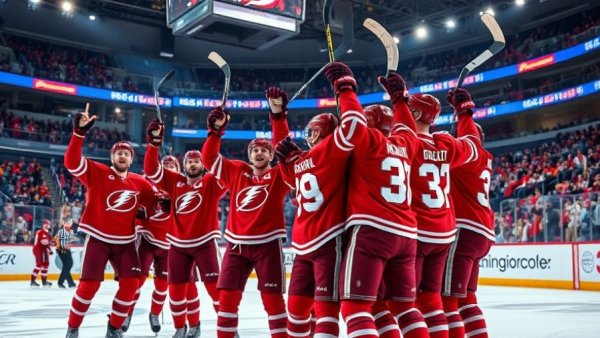 Wisconsin Badgers victory celebration on ice with enthusiastic fans.