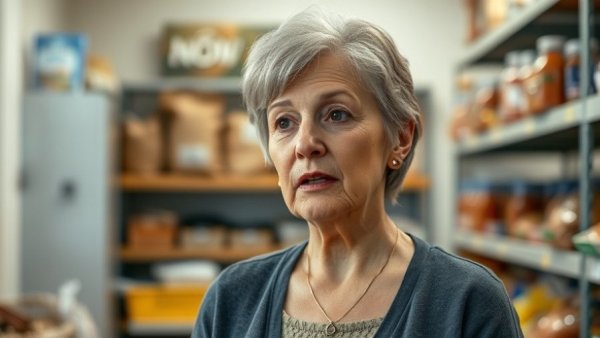 Middle-aged woman in a food pantry setting discussing operations.