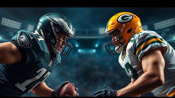 Eagles vs Packers football players in dynamic face-off, dramatic background.