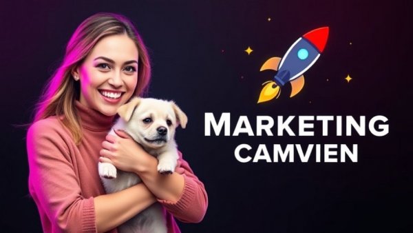Colorful online advertising banner with woman and dog, highlighting campaign strategy.