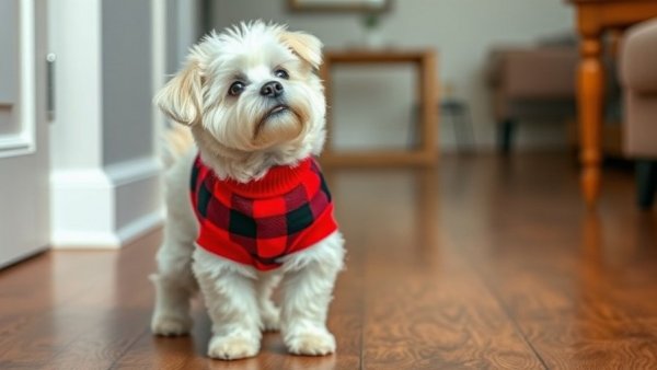 Fluffy white dog in plaid sweater indoors, showcasing online advertising.