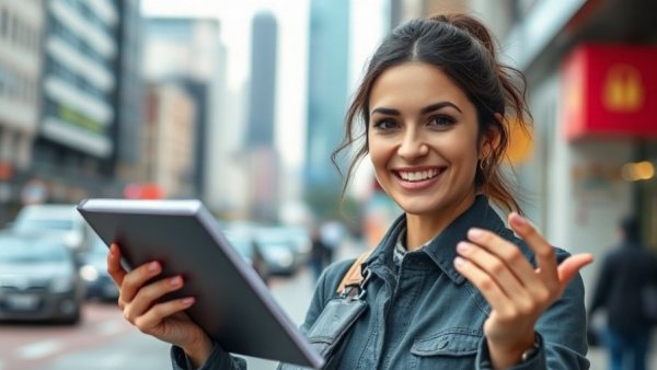 Woman presenting outdoors in Human vs AI Copywriting Challenge.