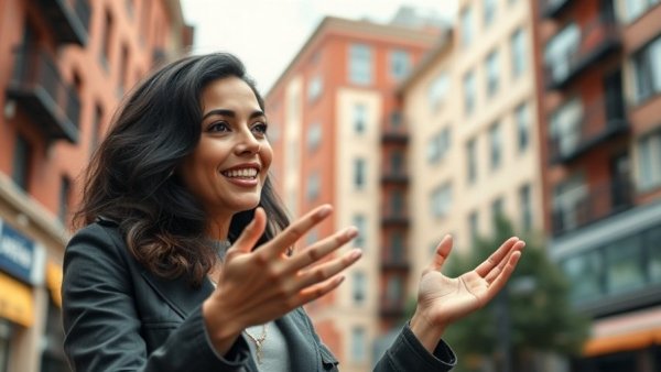 Confident woman explains content creation outdoors for website traffic generation.