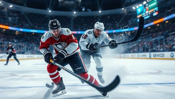 Intense action in Wisconsin hockey home series game.