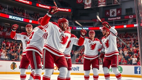Wisconsin Badgers hockey players celebrate a win with fans.
