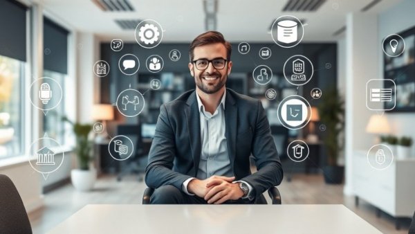 Professional discussing how to optimize business for ChatGPT and AI search, with AI icons in background.