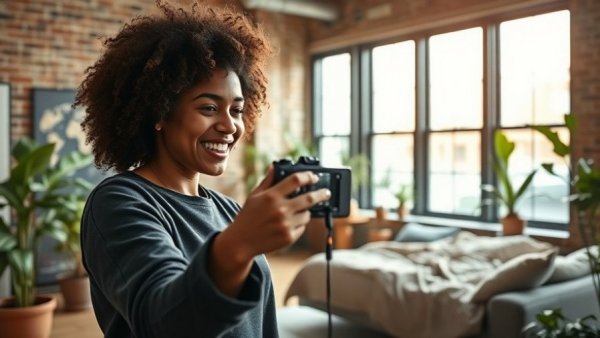 How to Go Viral on TikTok: Woman filming video in cozy urban apartment.