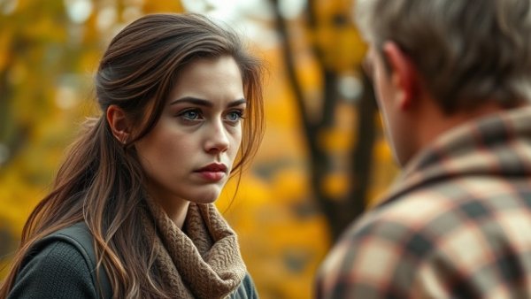 Serious young woman outdoors discussing important topic, clear autumn day.