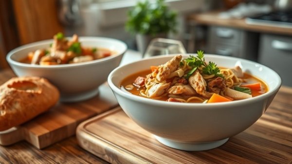 Two bowls of rotisserie chicken noodle soup with baguette.