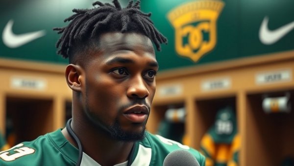 Attentive athlete speaking in locker room about NFC North division race.