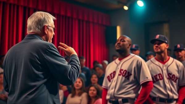 Energetic scene with a speaker and baseball players at an event, 2025 NFL Draft.