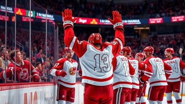 Wisconsin Badgers hockey players celebrating a goal on ice.