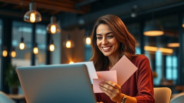 Smiling woman in office holds cards with letters, press release distribution concept