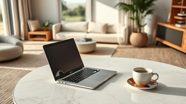 AI Email Content Ideas Generator setup with laptop and coffee on marble table