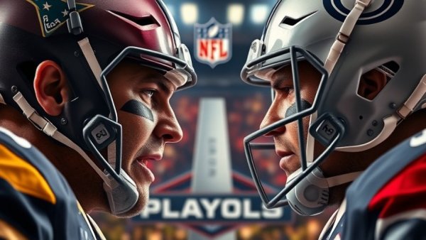 Intense NFL players face-off with Playoffs theme, vibrant background.