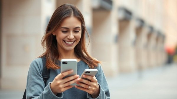 Smiling woman using AI dictation tool on smartphone outdoors.