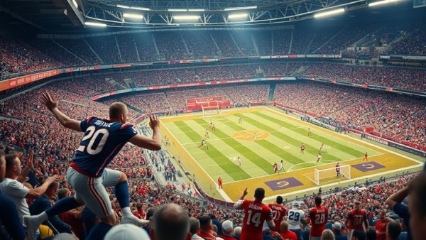 Wisconsin football game action in a lively stadium.